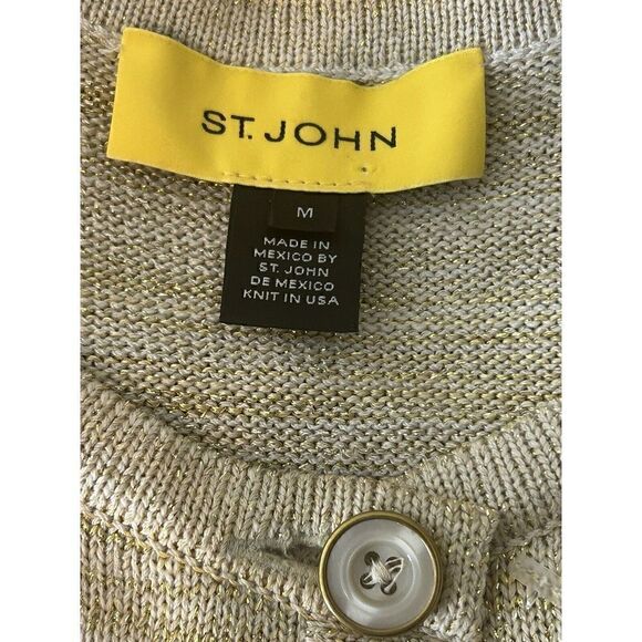 St. John Knitted Button Down Wool Beige Gold Metallic Sweater Cardigan Sz M - Picture 6 of 8